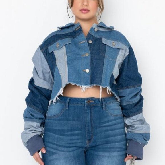 AZALEA WANG PLUS  ALL PATCHED UP PATCHWORKED  CROP DENIM JACKET ( BRAND NEW ! ) - Picture 8 of 9